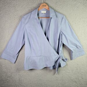 Coldwater Creek Womens Blouse PL Light Blue Wrap Tie Flipped Cuffs Popped Collar